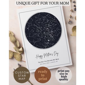 Cadeau carte des étoiles pour la fête des mères | Cadeau personnalisé Ciel étoilé pour maman | Cadeau carte étoiles personnalisées de maman Art numérique|Art mural unique pour la fête des Mères