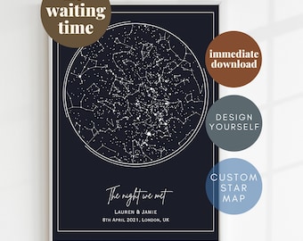 Instant Download Star Map Dark Theme, Custom Star Map Birth Date Instant Gift, Personalised Birthday Gift, The Night Sky, The Night We Met