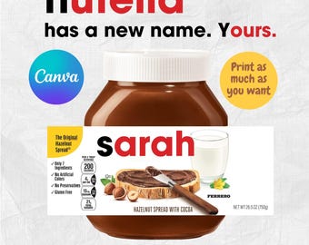 Personalized Nutella Jar Label Template, DIY Gift (Printable)
