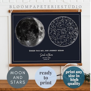 Mapa estelar personalizado con fases lunares / Impresión personalizada de cielo nocturno / Regalo de cumpleaños, aniversario o boda / Arte mural de descarga digital