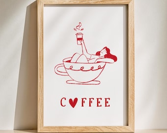 Girl in Coffee Cup Art Print | Whimsical Coffee Lover Decor (Digital Download)