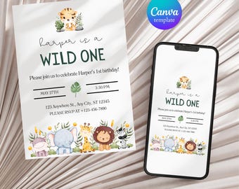 Wild One Safari Birthday Invitation Template | Editable Canva Invite