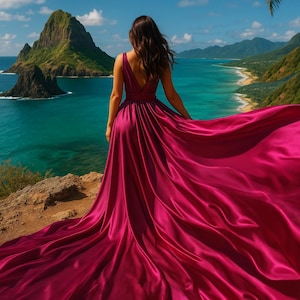 Magenta Langes Fliegendes Kleid für Fotoshooting Asymmetrisches Fliegendes Kleid Benutzerdefinierte fließendes Kleid Langes fließendes Infinity-Kleid Cabrio-Fliegendes Kleid