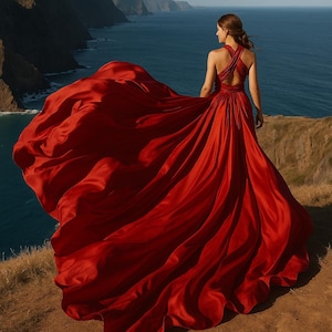 Red Dress With Train Flying Dress For Photoshoot Flying Satin Dress Long Flowy Infinity Dress Backless Flying Dress Dramatic Flowy Dress