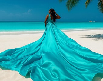 Vestido turquesa largo fluido infinito Vestido largo con vuelo para sesión de fotos Vestido playero fluido Vestido sin espalda Vestido de satén con vuelo hecho a mano