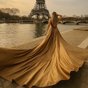 Puede incluir: Una mujer con un vestido dorado fluido está cerca del río Sena en París, con la Torre Eiffel al fondo. La cola del vestido se extiende por la pasarela de piedra. El cielo es de un color dorado cálido.