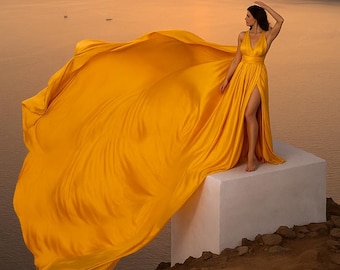 Yellow Long Flying Dress For Photoshoot Santorini Flying Dress Asymmetrical Flying Dress Convertible Flying Dress Handmade Long Flowy Dress