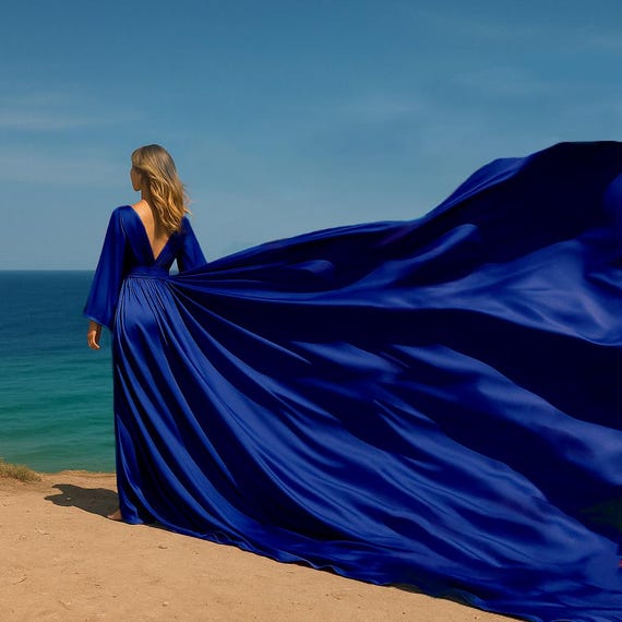 Long Flying Dress For Photoshoot Long Flying Dress With Sleeves Custom Flowing Train Gown For Photoshoot Santorini Flying Dress Open Back