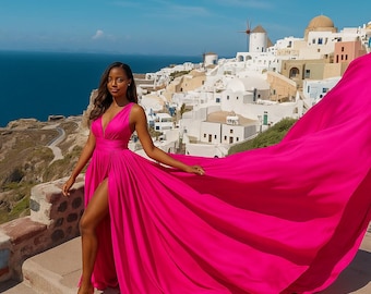 Heißes Rosa Langes Flugkleid Für Fotoshooting Asymmetrisches Flugkleid Langes fließendes Infinity-Kleid Santorini-Fliegerkleid Dramatisches Fließkleid