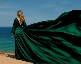 Long Flying Dress For Photoshoot Emerald Green Long Flying Dress Long Sleeves Flying Dresses With The Back Open Custom Flowing Dress
