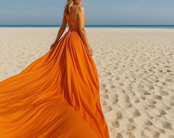 Orange Flying Dress Long Flying Dress For Photoshoot Long Flowy Infinity Dress Satin  Beach Photoshoot Dress Asymmetrical Flying Dress