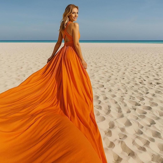 Orange Flying Dress Long Flying Dress For Photoshoot Long Flowy Infinity Dress Satin Beach Photoshoot Dress Asymmetrical Flying Dress