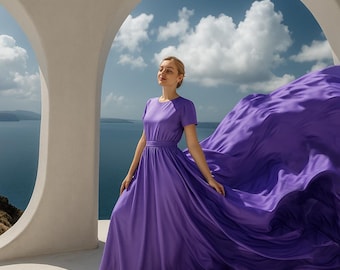 Lilac Long Train Dress For Photoshoot Flying Dress Photoshoot Santorini Flying Dress With Sleeves Custom Flowing Dress Dramatic Flowy Dress
