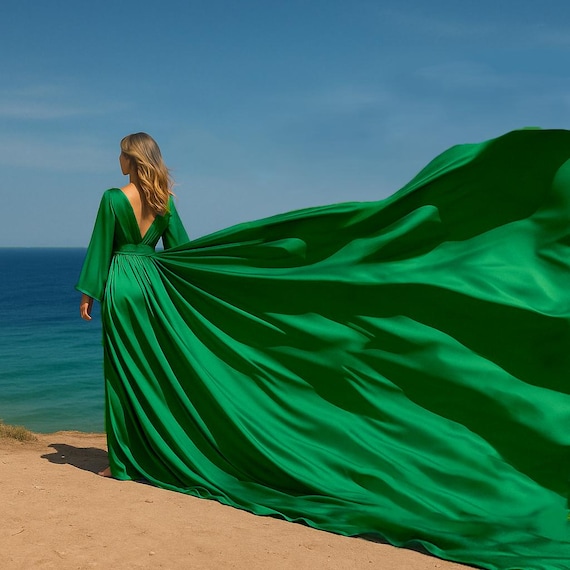 emerald green beach dress Long Flying For Photoshoot Long Flying Dress Long Sleeves Flying Dresses With The Back Open Custom Flowing Dress M Length ± 112cm Fit and Flare Women's Outfit: Black Bodycon Size:10.5 US Men (9.5 UK/AU)