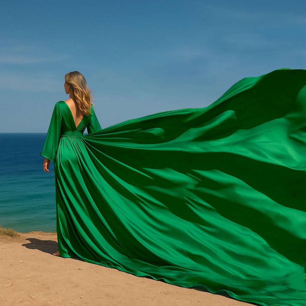 green dress beach Long Flying Dress For Photoshoot Emerald Green Long Flying Dress Long Sleeves Flying Dresses With The Back Open Custom Flowing Dress