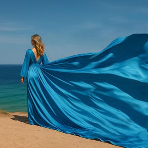 Può includere: Un lungo abito turchese con scollo a V profondo e maniche lunghe. Il tessuto dell'abito ondeggia drammaticamente nel vento, creando una silhouette dinamica ed elegante sullo sfondo del mare e del cielo.