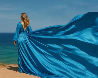 Long Flying Dress Long Sleeves Turquoise Backless Flying Dress For Photoshoot Open Back Flying Dress Flowing Beach Dress Flying Satin Dress