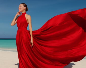 Red Dress With Train Flying Dress For Photoshoot Halter Long Flying Dress Flowing Beach Dress Satin Flying Dress Women Parachute Dress