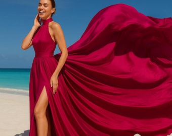 Magenta flygklänning Långt släp Grimma satin lång flygklänning Dramatisk böljande klänning Lång flygklänning för fotografering Strandfotograferingsklänning