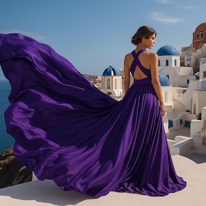 Königliches Lila Kleid Mit Zug Langes Fliegende Kleid Für Fotoshooting Fliegendes Kleid Für Frauen Asymmetrisches Fliegendes Kleid Santorini Fliegendes Kleid
