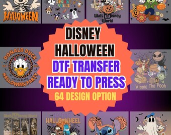 May include: A collection of Disney-themed Halloween DTF (Direct to Film) transfer designs. The designs feature characters like Mickey Mouse, Donald Duck, Winnie the Pooh, and Stitch, with Halloween themes. The text reads "Disney Halloween DTF Transfer Ready to Press 64 Design Option."