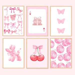Preppy Pink Bows Wall Art Set of 6 Trendy College Apartment Decor Coquette Pink Disco Balls Girly Feminine Wall Art Digital Download Print
