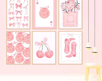 Lichtroze trendy strikken set van 6 college appartement decor cowgirl laarzen muurkunst preppy roze prints girly aquarel esthetische kersen disco