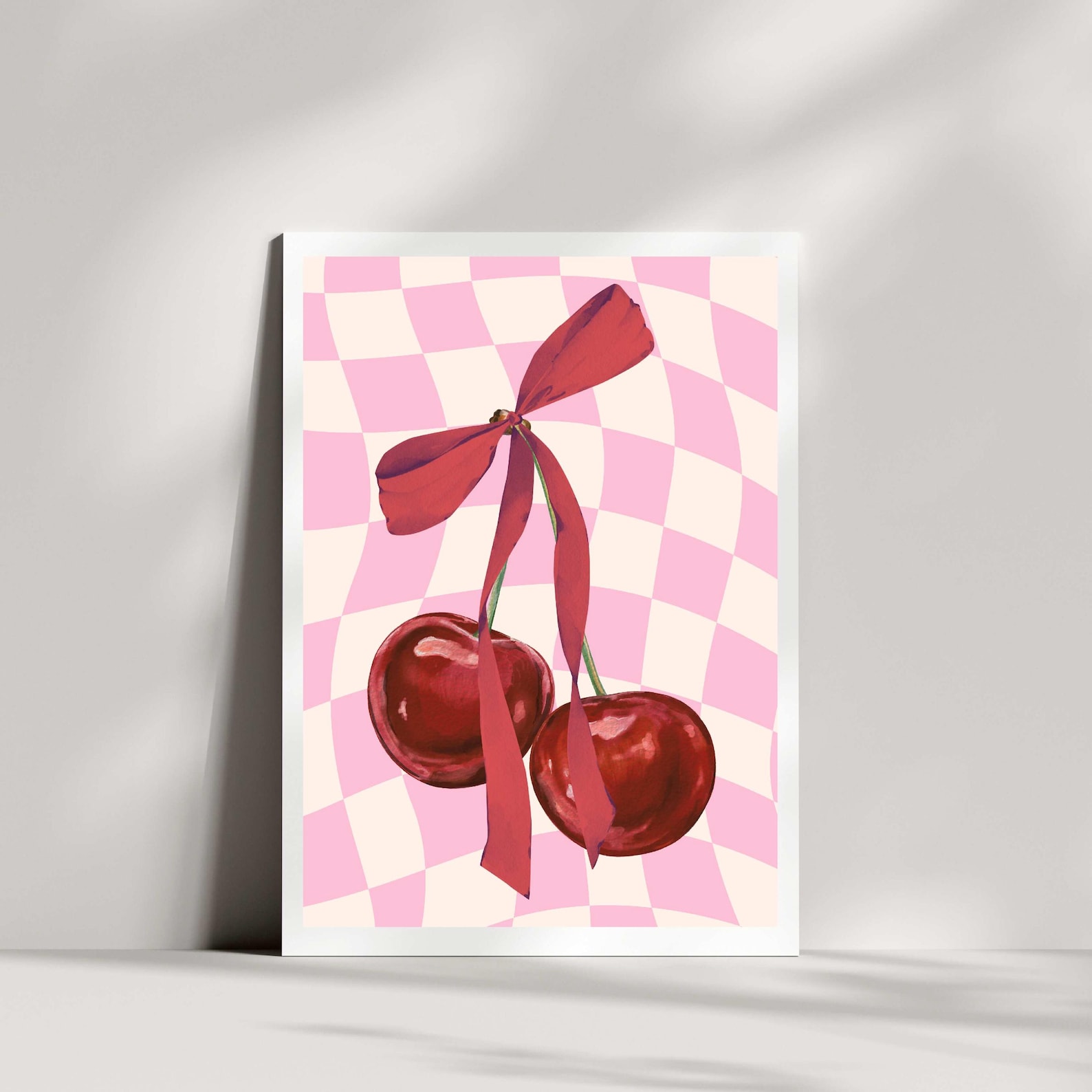 Cherry Retro Coquette Art Print Pastel Pink Poster Trendy Red Cherries ...