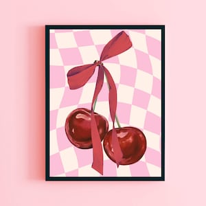 Impresión artística retro de cerezas con coqueta, póster rosa pastel, cerezas rojas de moda, lazo elegante, decoración de pared para dormitorio, apartamento universitario, estética