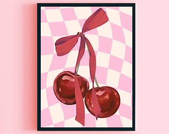 Cherry Retro Coquette Art Print Pastelroze Poster Trendy Rode Kersen Fruit Preppy Bow Slaapkamer Muur Decor College Appartement Esthetiek