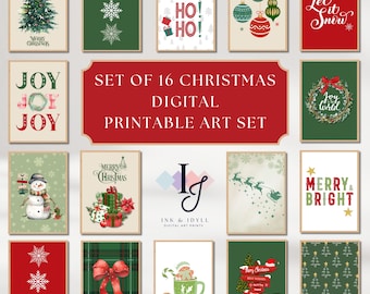 May include: A set of 16 Christmas digital printable art prints. The prints feature festive designs including a Christmas tree, snowflakes, ornaments, and holiday greetings. The color palette includes red, green, and beige.