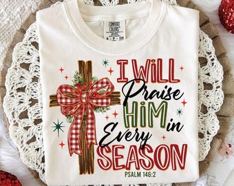 I Will Praise Him In Season PNG, Coquette Christian Christmas Png, Preppy Bow Retro Christmas Tree Design, Hand Drawn Gingham Tartan Doodle