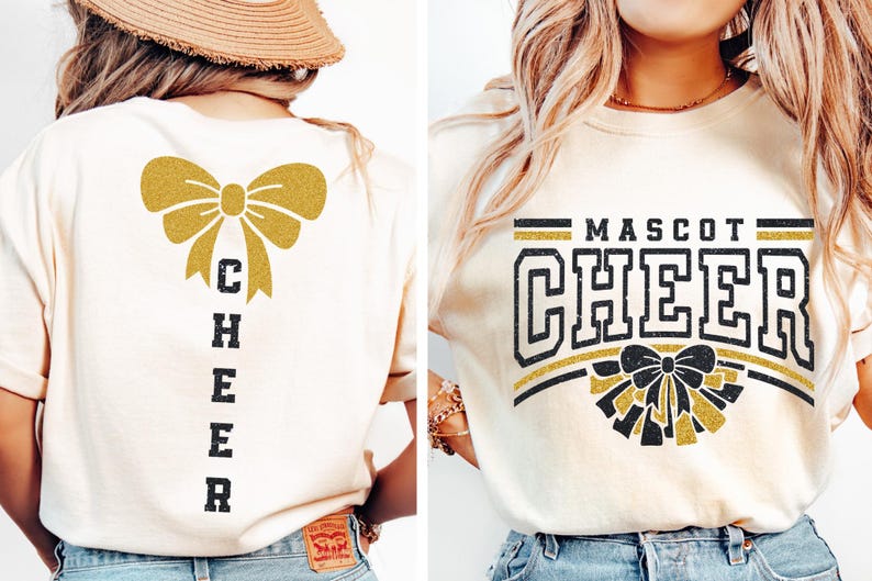 Puede incluir: Una camiseta blanca con un lazo de purpurina dorada y la palabra "CHEER" impresa verticalmente en la espalda. La parte delantera de la camiseta tiene un dise&ntilde;o de purpurina dorada con las palabras "MASCOT CHEER" impresas en negro.