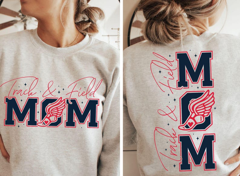 May include: Gray sweatshirt with the text "Track & Field MOM" in navy blue and red. The "O" in MOM is a red running shoe with wings.
