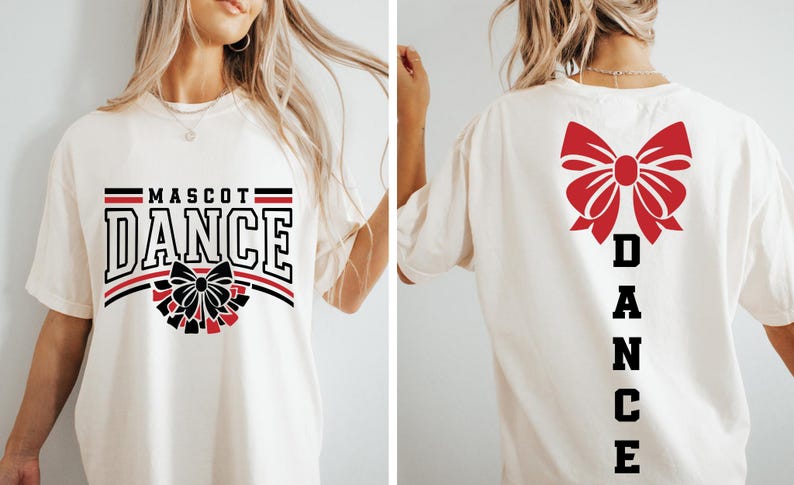 May include: White t-shirt with black text that says "MASCOT DANCE" and a black and red bow on the front. The back of the shirt has a red bow and black text that says "DANCE" vertically.