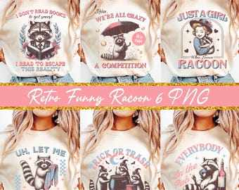 Retro Funny Raccoon PNG Bundle: Quirky Designs for Crafting