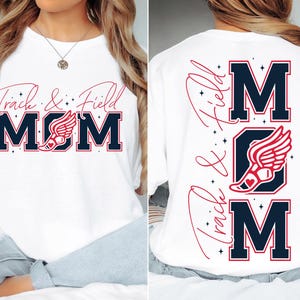 May include: White t-shirt with the text "Track & Field MOM" in red and blue lettering. The "O" in MOM is a red running shoe with a white wing.