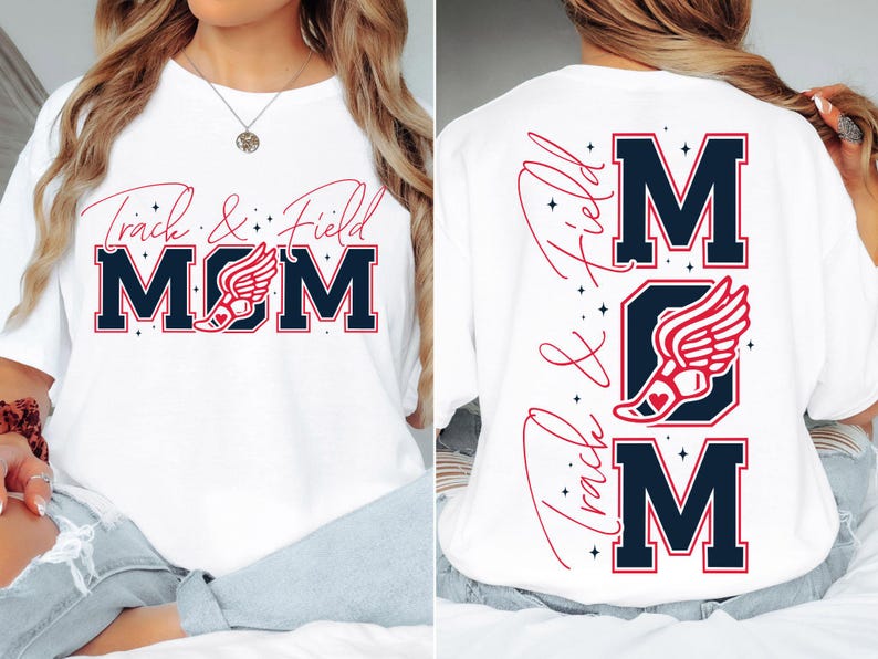 May include: White t-shirt with the text "Track & Field MOM" in red and blue lettering. The "O" in MOM is a red running shoe with a white wing.