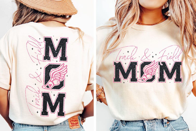 May include: A white t-shirt with a pink glitter design that says "Track & Field Mom" with a pink running shoe graphic. The back of the shirt says "Mom" with a pink running shoe graphic.