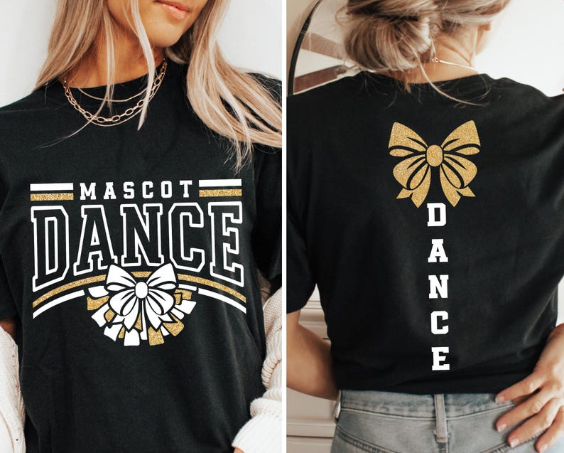 May include: Black t-shirt with gold glitter text and a gold glitter bow. The text on the front says "Mascot Dance" and the text on the back says "Dance".