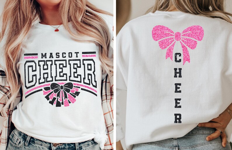 Puede incluir: Camiseta blanca de manga larga con un lazo de purpurina rosa y el texto "CHEER" en la parte delantera. La parte posterior de la camiseta tiene un lazo de purpurina rosa y el texto "CHEER" verticalmente en la parte posterior.