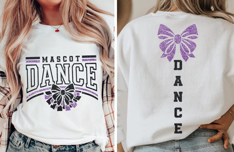 May include: White t-shirt with a purple glitter bow and the text "Mascot Dance" on the front. The back of the shirt has a purple glitter bow and the text "Dance" vertically down the back.