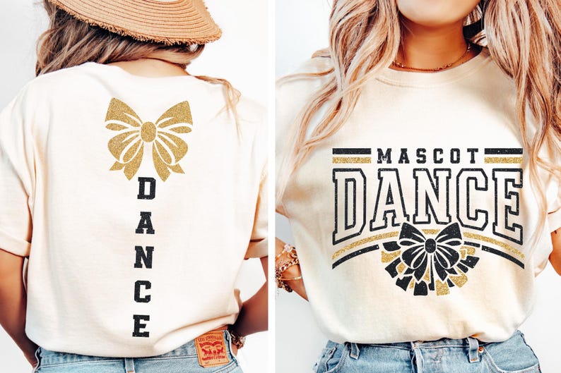 May include: A white t-shirt with a gold glitter bow and the word "DANCE" in black vertical lettering on the back. The front of the shirt has a black and gold glitter design with the words "MASCOT DANCE" in black lettering.