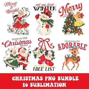 Peut inclure: Un ensemble de six illustrations sur le thème de Noël comprenant une femme emballant des cadeaux, un bonhomme de neige, un enfant décorant un sapin, le Père Noël et une femme dansant, des chatons et un chiot dans des chaussettes, et un faon.