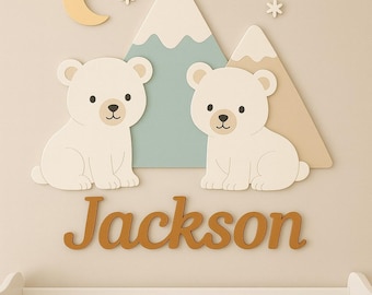 Polar Bear Nursery Sign | Custom Name Wall Decor | Baby Room Decoration | Scandinavian Minimalist Theme