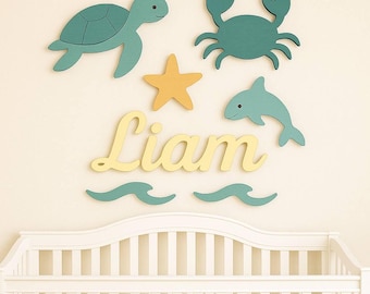 Ocean Animals Nursery Decor – Custom Name Wooden Wall Art