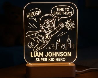 Personalized Superhero Night Light: Comic Style Engraved LED Gift