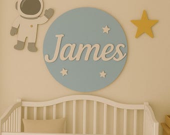 Space Theme Personalized Nursery Sign with Astronaut | Custom Baby Name Wall Decor