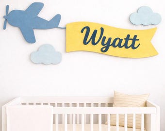 Personalized Airplane Name Sign | Wooden Nursery Wall Decor | Baby Boy Room | Custom Name Sign