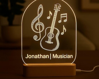 Personalized Musician LED Lamp – Custom Engraved Acrylic Night Light with Guitar and Music Notes